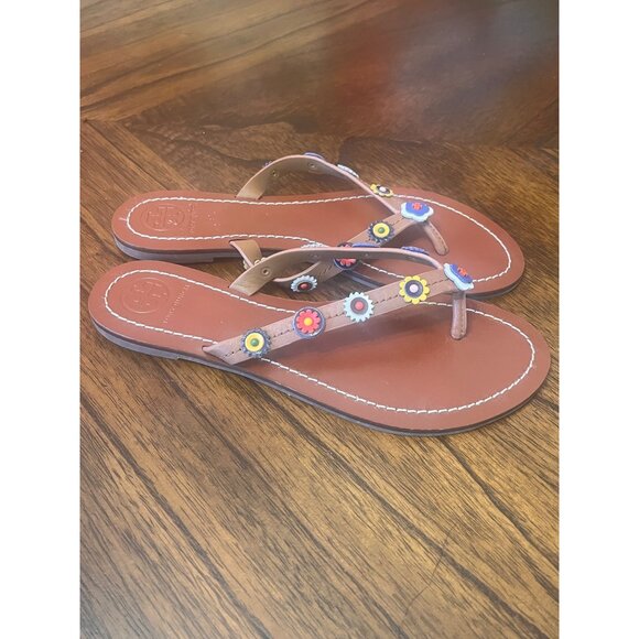TORY BURCH Margierite Leather Flower Accents Flip Flop  Flat Thongs Sandals sz 6 - Picture 4 of 8